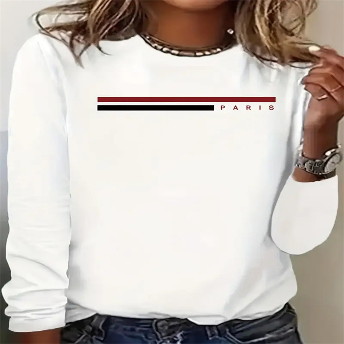 T-särk 3D trükiga, ümmarguse kaelusega, pikkade varrukatega, vaba lõikega; polüester 50–70%, tavaline pikkus (50–65 cm), Jaapani ja Korea igapäevane stiil