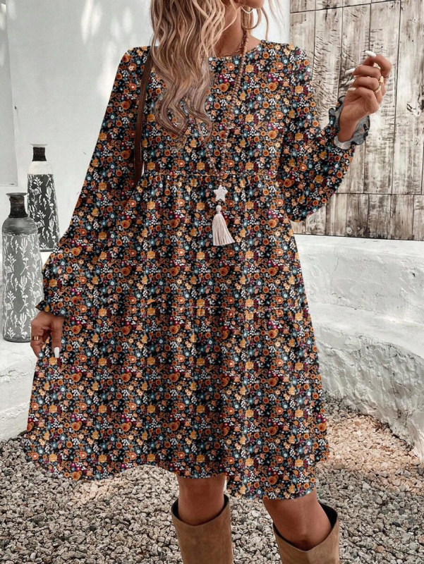 Midi-pikkusega A-line kleit laternvarrukatega, ümara kaelusega, trükimuster