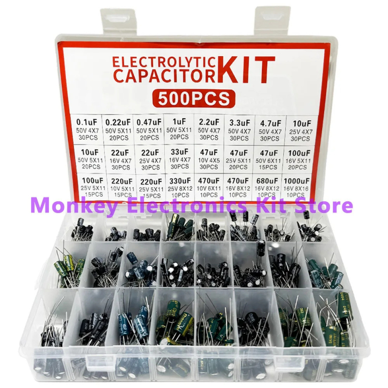 Kit de condensatoare electrolitice pentru probe, 500 buc., 0,1–1000 μF, 16–50 V, distanță între pini 2 mm