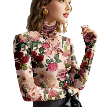Top s kvetinovým potlačou, elastický polyester-spandex, dlhé rukávy, úzky strih (Jar 2025)