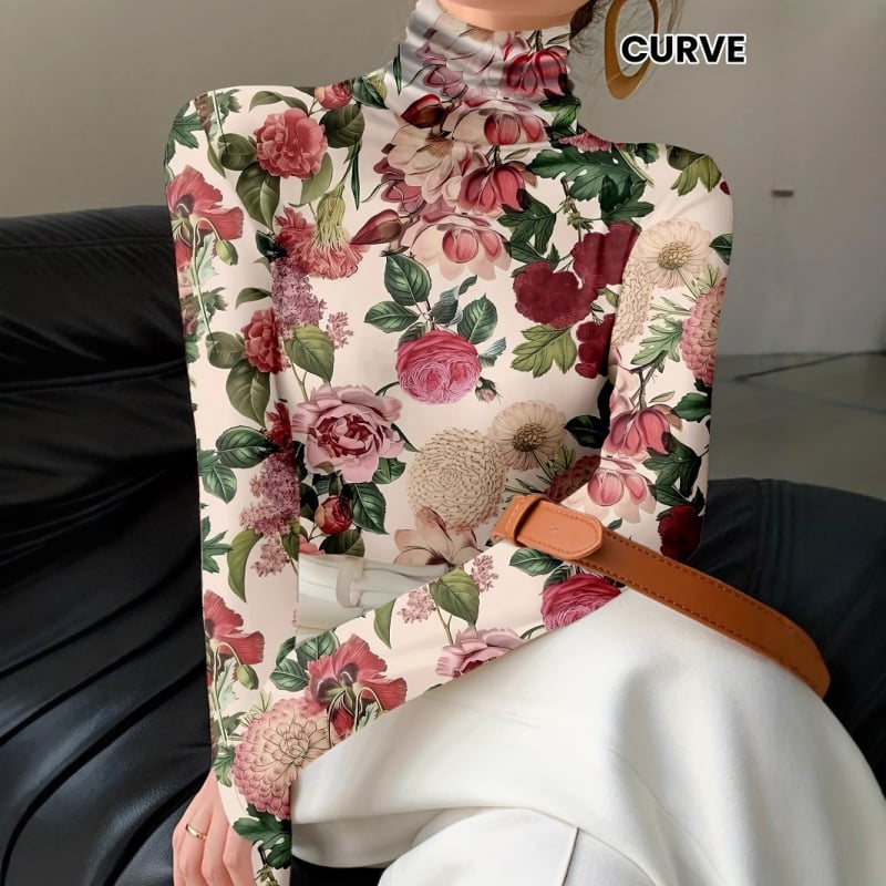 Top s kvetinovým potlačou, elastický polyester-spandex, dlhé rukávy, úzky strih (Jar 2025)