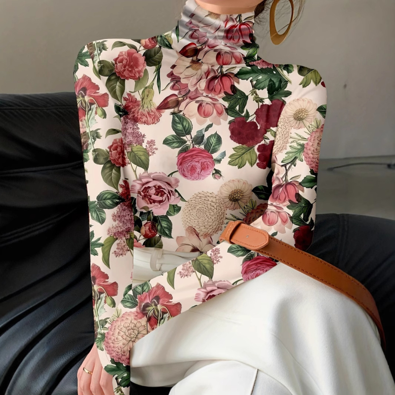 Top s kvetinovým potlačou, elastický polyester-spandex, dlhé rukávy, úzky strih (Jar 2025)