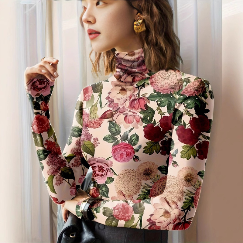 Top s kvetinovým potlačou, elastický polyester-spandex, dlhé rukávy, úzky strih (Jar 2025)