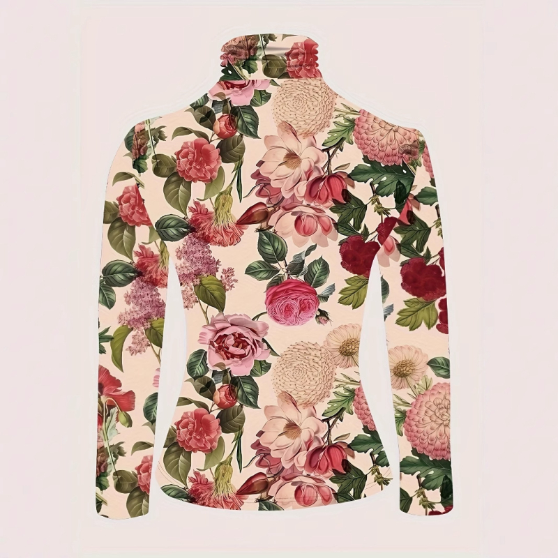 Top s kvetinovým potlačou, elastický polyester-spandex, dlhé rukávy, úzky strih (Jar 2025)