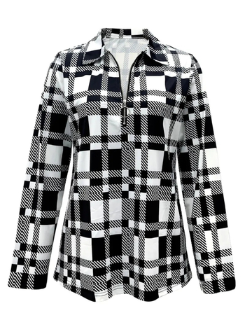 Naiste ruudustiku mustriga kardigan, polüester/elastaan, pikkade varrukatega, kõrge ümmargune kaelus, digitaalne trükk