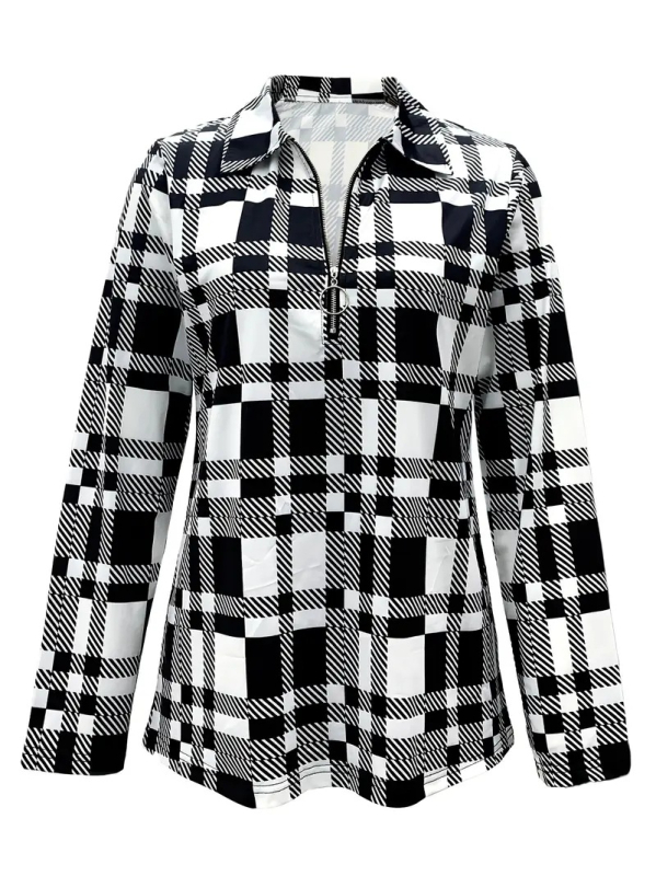 Naiste ruudustiku mustriga kardigan, polüester/elastaan, pikkade varrukatega, kõrge ümmargune kaelus, digitaalne trükk