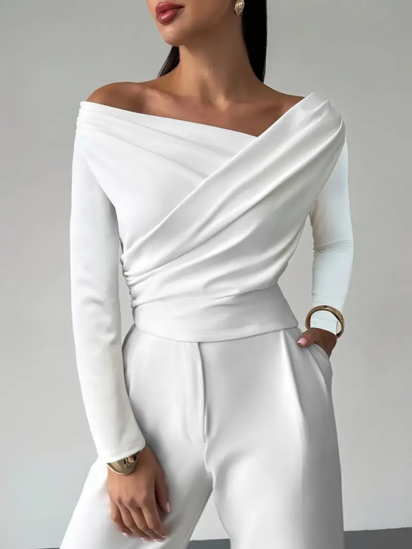 Naiste elegantne top asümmeetrilise õla paljastusega, pikkade varrukatega, pullover, polüester-spandex segu, slim lõige