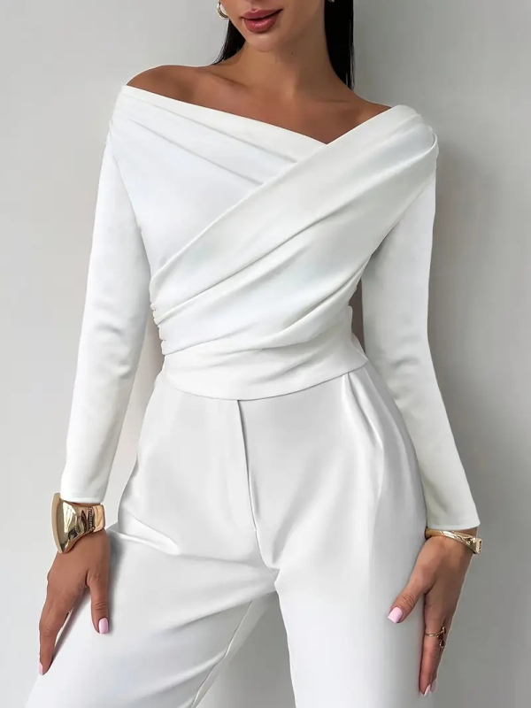 Naiste elegantne top asümmeetrilise õla paljastusega, pikkade varrukatega, pullover, polüester-spandex segu, slim lõige