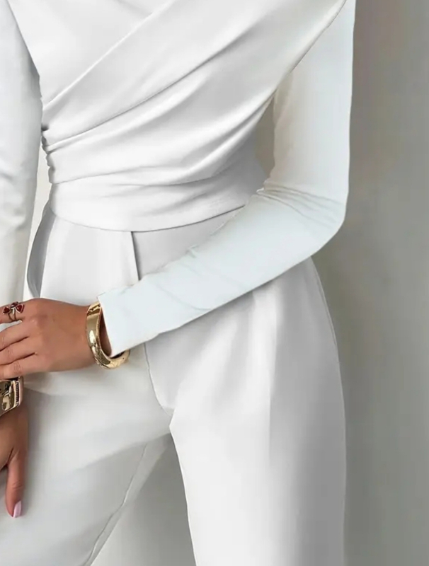 Naiste elegantne top asümmeetrilise õla paljastusega, pikkade varrukatega, pullover, polüester-spandex segu, slim lõige