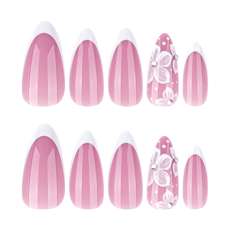 Kunstküüned, mandlikujulise kujuga, prantsuse stiil, lille- ja sõlme motiividega, kantav maniküür — Fingers like jade