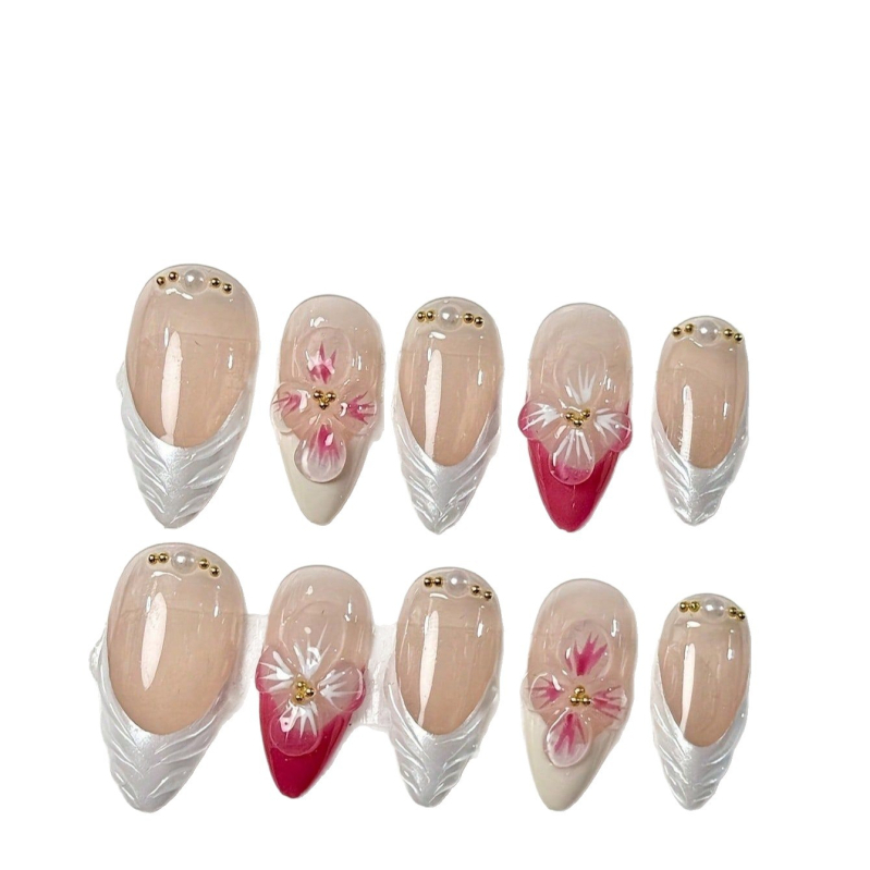 Mandlilaadse kujuga 3D lillede küüned — käsitöö, kantavad ja eemaldatavad maniküür