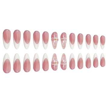 24-tükline küüneplaastereid komplekt, mandlikujulised, prantsuse stiiliga, eemaldatavad, lillemustriga