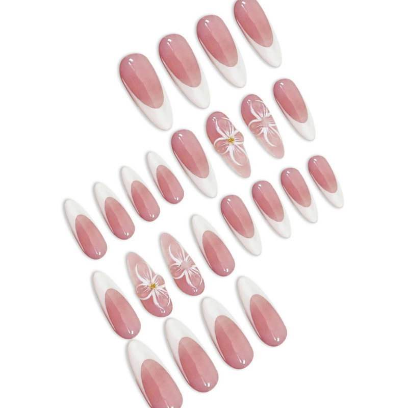 24-tükline küüneplaastereid komplekt, mandlikujulised, prantsuse stiiliga, eemaldatavad, lillemustriga