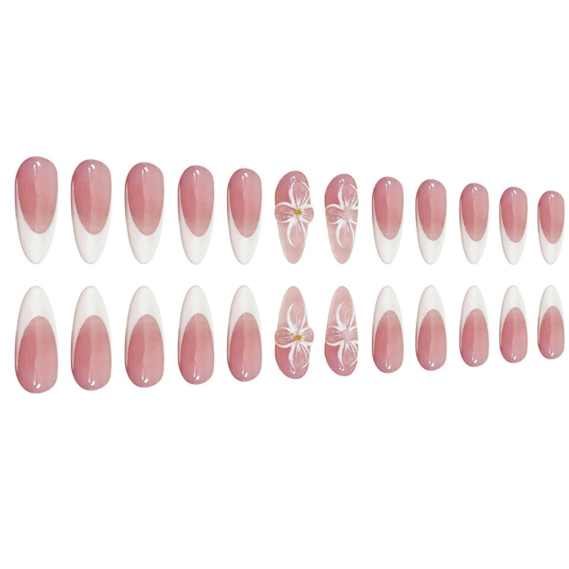 24-tükline küüneplaastereid komplekt, mandlikujulised, prantsuse stiiliga, eemaldatavad, lillemustriga