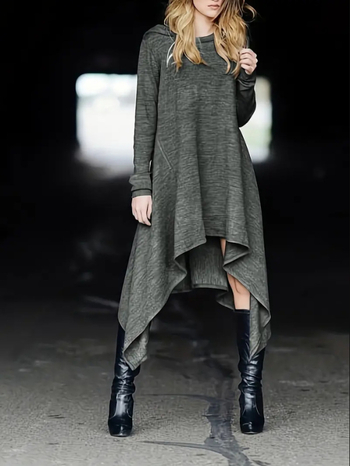 Kapuutsiga asümmeetriline kleit, keskmise pikkusega, pikad varrukad, puuvillale sarnane kangas, polüester-puuvillasegu (90–95% polüester, <30% puuvill) — igapäevane jaapani-korea stiil