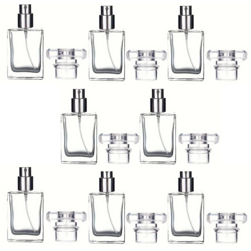 Parfüüri pudelite komplekt, puhutud klaas, hõbedase pihustiga ja akrüülkorgiga.