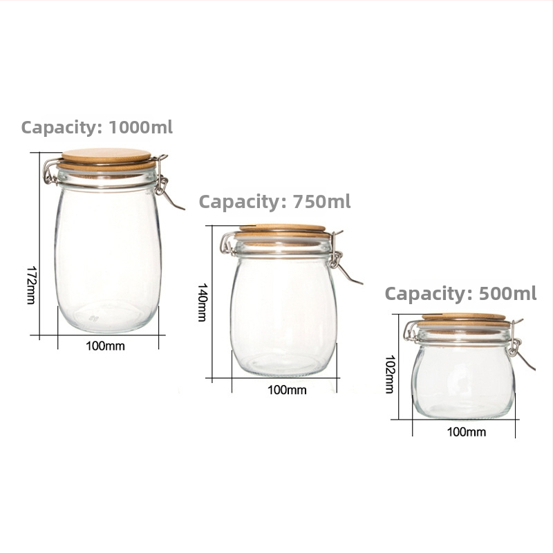 Sklenená nádoba na skladovanie s bambusovým viečkom a vzduchotesným uzáverom, vhodná na čaj, orechy a zrná (500/750/1000 ml)
