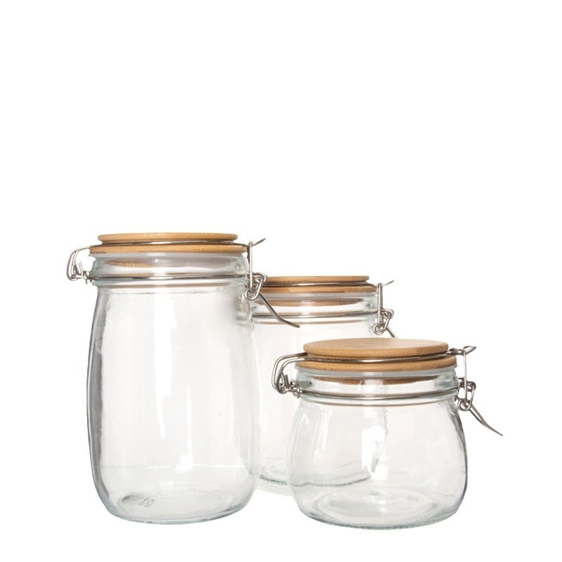 Sklenená nádoba na skladovanie s bambusovým viečkom a vzduchotesným uzáverom, vhodná na čaj, orechy a zrná (500/750/1000 ml)