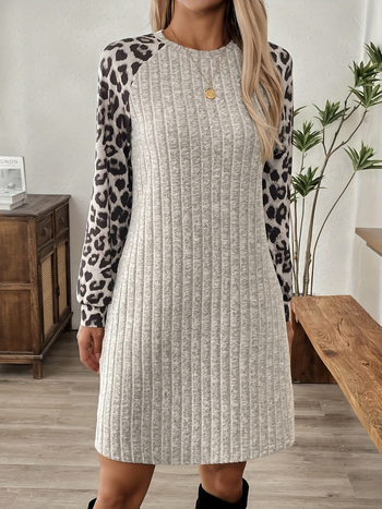 Ženska haljina s leopard uzorkom i patchworkom, dugi rukavi, okrugli izrez, A-linijski kroj