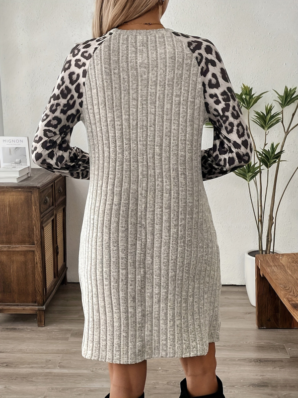 Ženska haljina s leopard uzorkom i patchworkom, dugi rukavi, okrugli izrez, A-linijski kroj