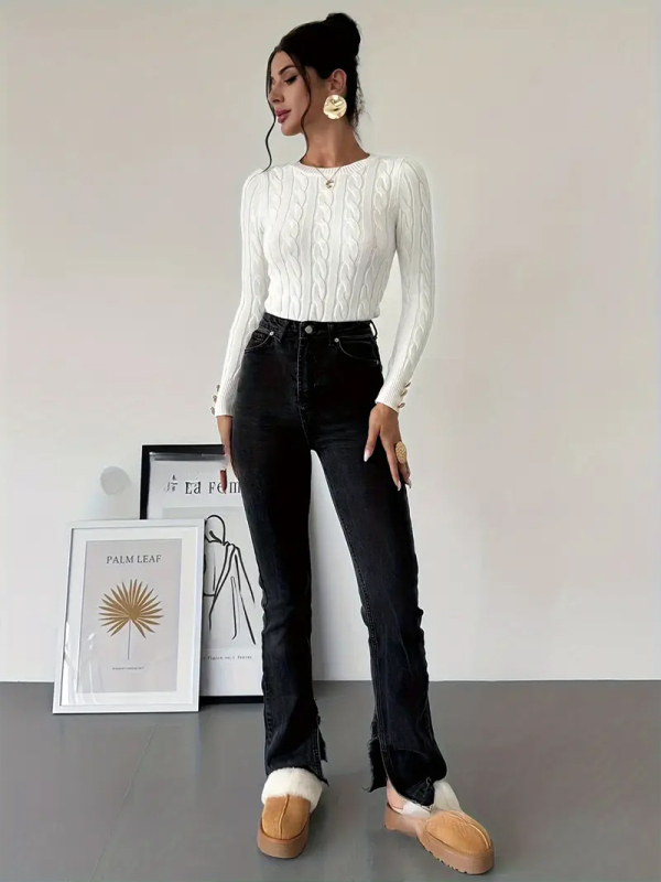 Naiste triibuline viskoosest džemper, ümmarguse kaelaga, pikkade varrukatega, regulaarne lõige