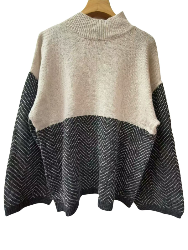 Dámsky pulóver s blokovým vzorom, stojatý golier, padnuté plecia, dlhé rukávy, polyester