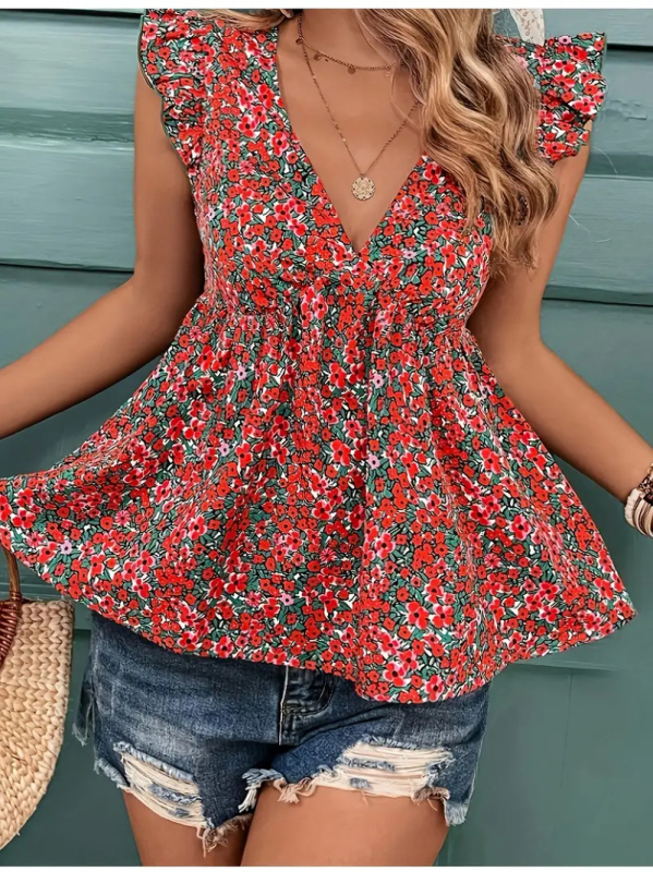 Polüestrist bluus laia lõikega, V-kaelus, Feifei lühikesed varrukad, lillemustriga