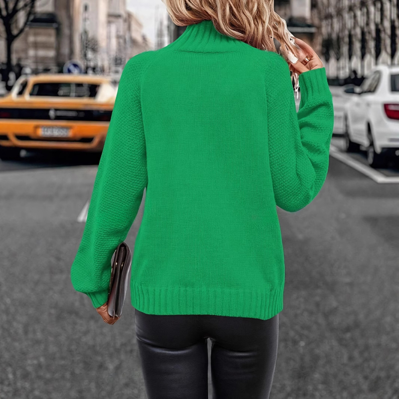 Naiste kerge polüesterist džemper kõrge kaelaga, ühetone, arvutiga sileda kudumise