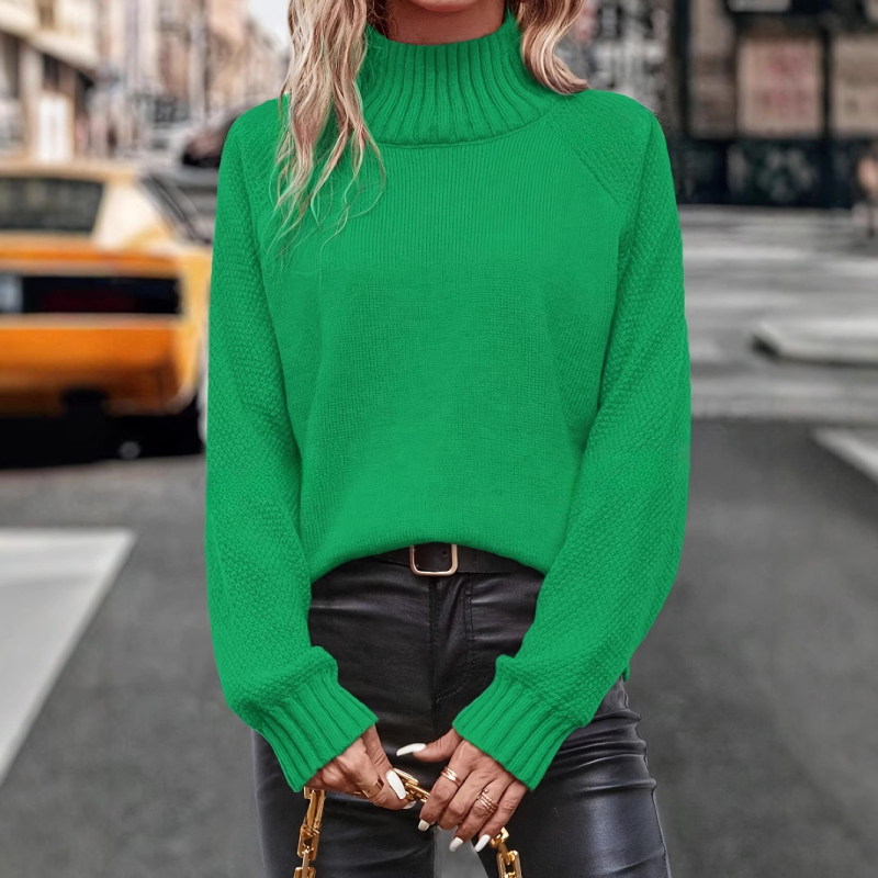 Naiste kerge polüesterist džemper kõrge kaelaga, ühetone, arvutiga sileda kudumise