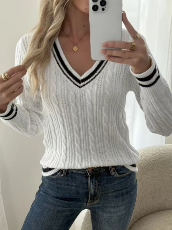 Pletený sveter s V výstrihom a farebným blokom, stredná dĺžka, polyesterový materiál