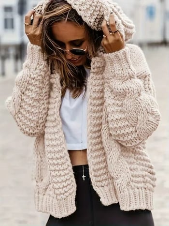 Kapuutsiga paksu lõngaga kootud kardigan, avatud eesosa, vaba lõige, pikkade varrukatega, normaalse pikkusega (50–65 cm)