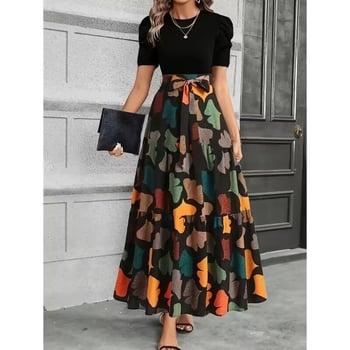 A-liiniline pikk lilleline polüesterist seelik, 90–95% polüester, elegantne stiil