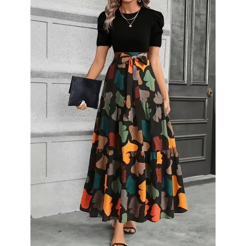 A-liiniline pikk lilleline polüesterist seelik, 90–95% polüester, elegantne stiil