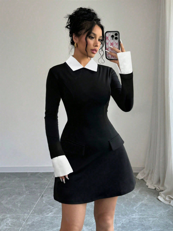 A-tüüpi kleit polosärgi, pikkade varrukatega, kõrge talje, keskmise pikkusega, polüester-elastaani segu