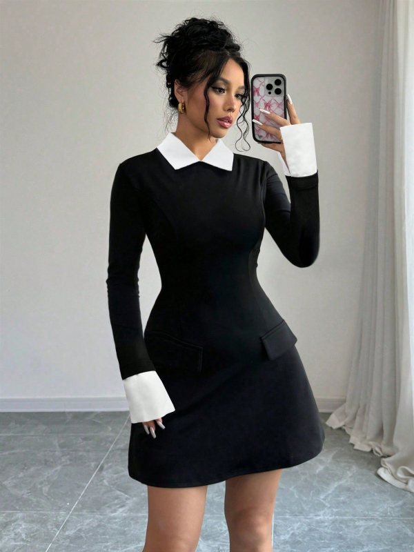 A-tüüpi kleit polosärgi, pikkade varrukatega, kõrge talje, keskmise pikkusega, polüester-elastaani segu