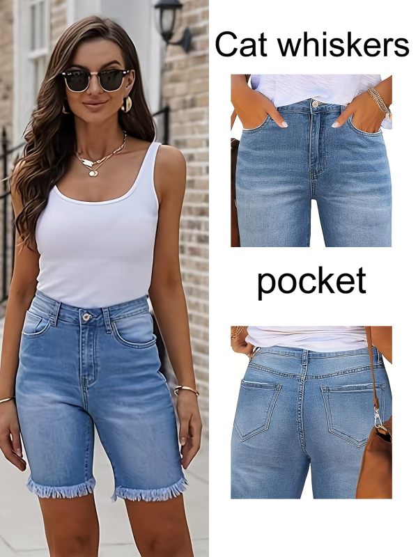 Naiste džinsipüksid keskmise pikkusega, kõrge vöökoht, elastsed, siluetti rõhutavad, äärtel rebenemise efekt