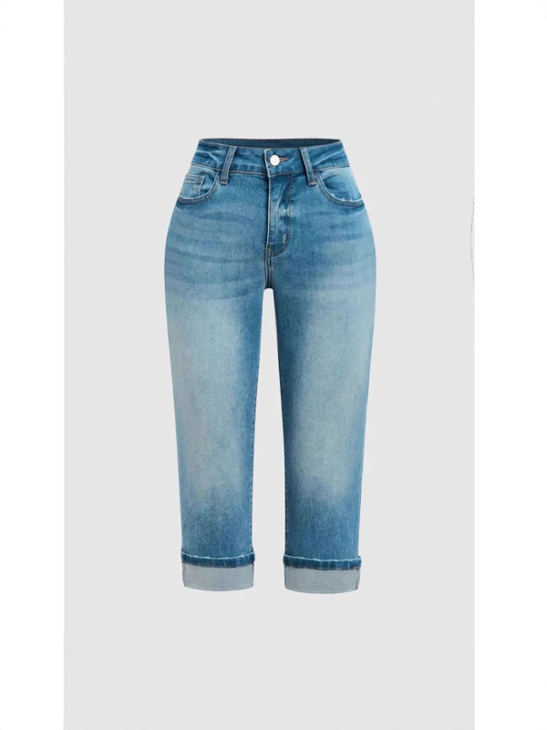 Denim teksad, kitsas lõige, keskmine talje, capri pikkus, kerge elastus, pestud viimistlus