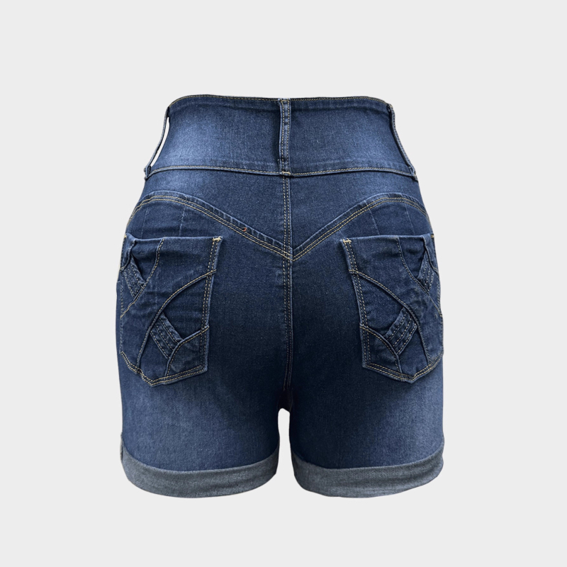 Naiste džinsised lühikesed püksid - kõrge vöö, tagumiku tõstmine, kolmveerand pikkus, sirge lõige, kerge elastus.