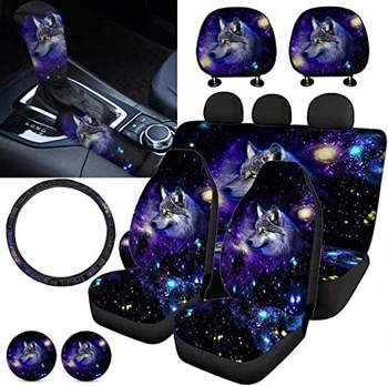 Auto istmekatetekomplekt Starry Wolf print, 12 osa, sisaldab roolivõtme katet, käsipidama ja käigukangi katet, kruuside alused; pinnamaterjal Ice Silk; Shengya bränd; sobib kõigile aastaaegadele; kohandamine saadaval