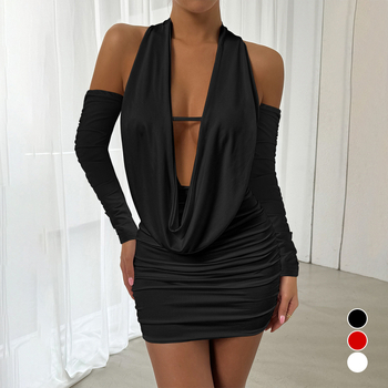 Haljina - elastični poliester; bez leđa; duboki V-izrez; dugi rukavi; uski silueta oko bokova