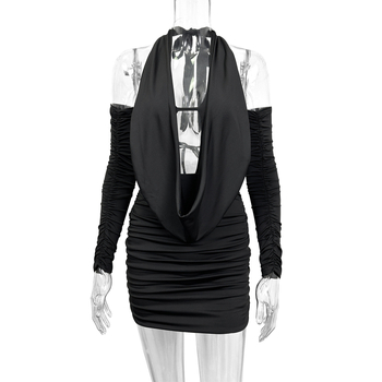 Haljina - elastični poliester; bez leđa; duboki V-izrez; dugi rukavi; uski silueta oko bokova