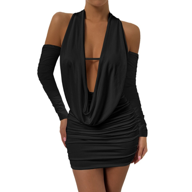 Рокля - еластичен полиестер; без гръб; дълги ръкави; дълбоко V-образно деколте; прилягащ силует