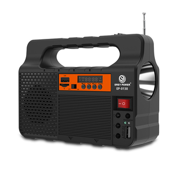 Prenosný solárny reproduktor s externou LED lampou, model EP-0138 — 24W, 6V, IP65, doba osvetlenia 6–12 hodín