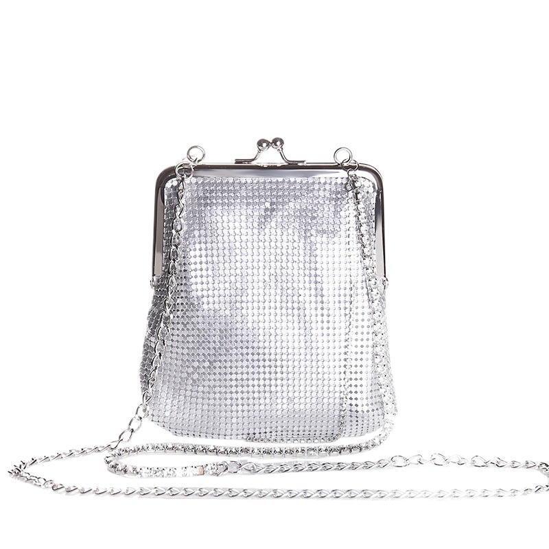 Metalna clutch torbica za žene s perlicama, pretinac za mobitel, uspravni kvadratni oblik, zatvaranje kopčom, poliester podstava