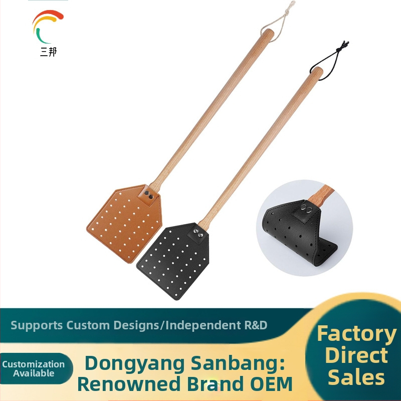 Kožený a drevený odpudzovač múch s predĺženou rukoväťou, odolný a prispôsobiteľný