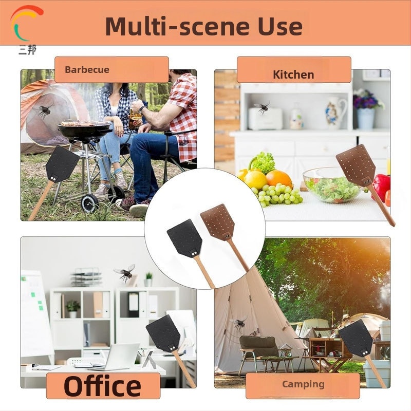 Odinė ir medinė musės mentele su išplėsta rankena, patvari ir reguliuojama