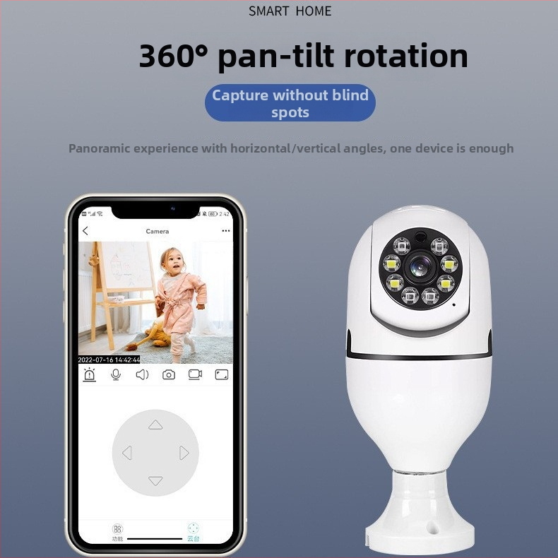 Gaismas spuldzes kamera 360° WiFi, iekšējai lietošanai, 1080p, 3.6mm platleņķa objektīvs, 1 kamera, signāla detekcija, mobilā lietotne atbalsts