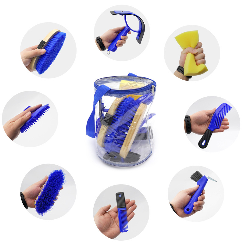 Set de pensule pentru îngrijire cai, 8 piese, unelte din plastic într-o pungă transparentă, fabricat în Jiangsu