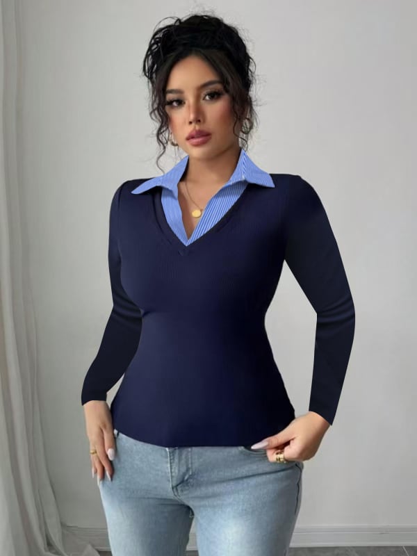 Dámske tričko, pásové tvarovanie, golier polo, dlhé rukávy, polyester 95%+