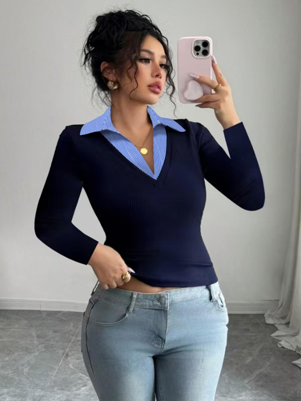 Dámske tričko, pásové tvarovanie, golier polo, dlhé rukávy, polyester 95%+